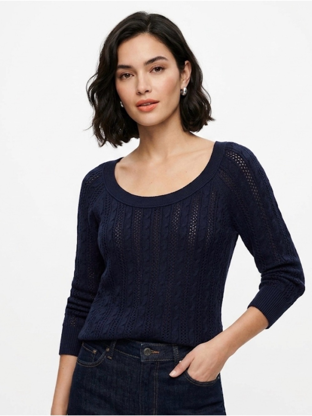Navy Scoop Neck Cable-Knit Women's Sweater